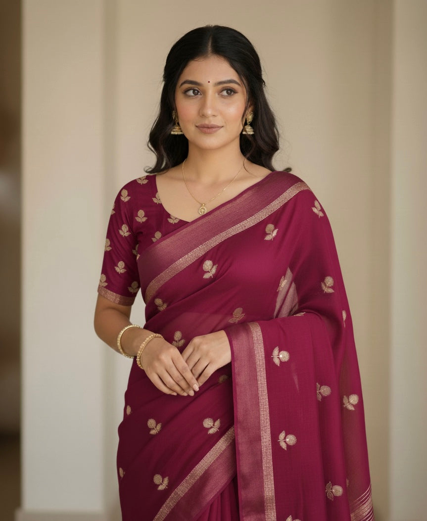 VISCOSE JUTE SAREE WITH SATIN BORDER - MAROON VJM102