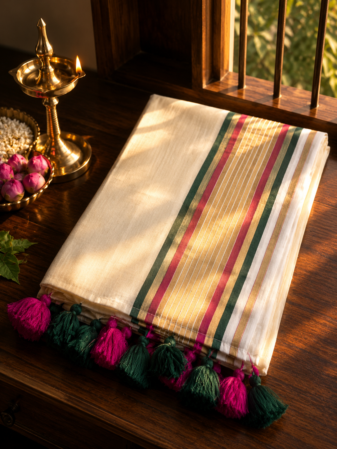 Mulcotton Green with Pink kanchi border -MK12