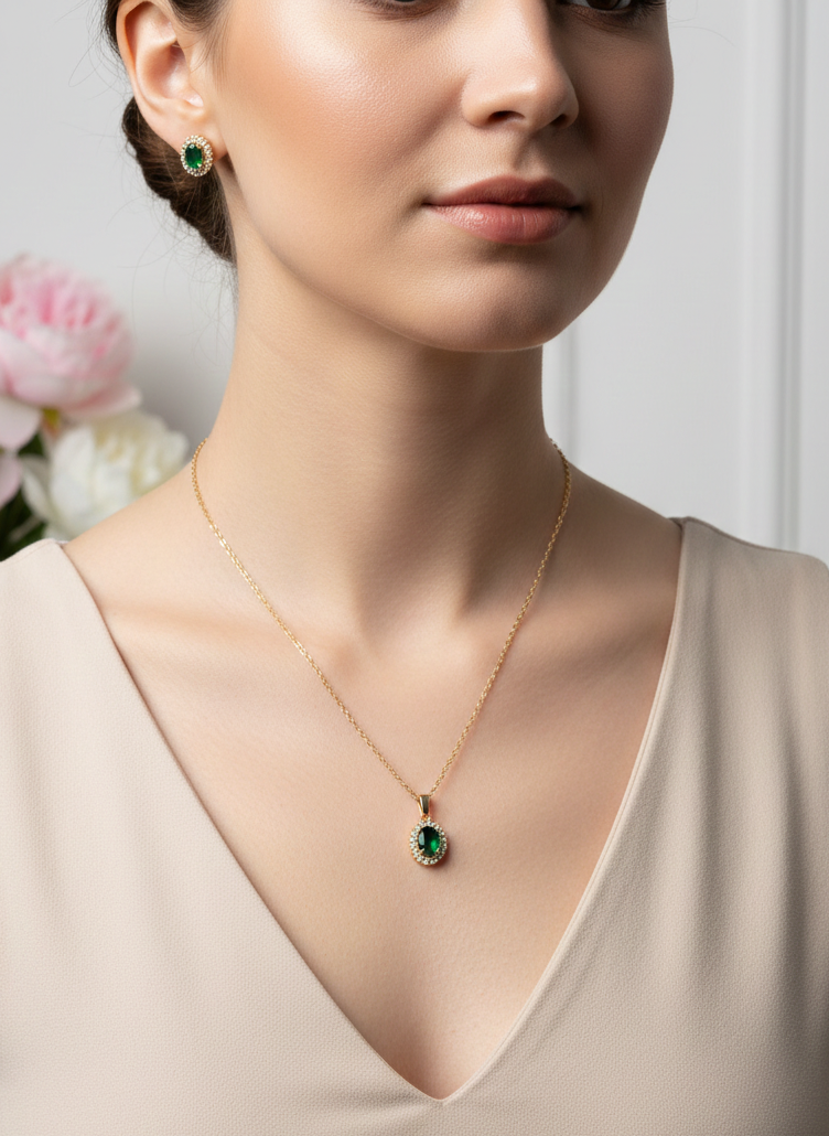Halo Emarald Green Pendant with Earrings