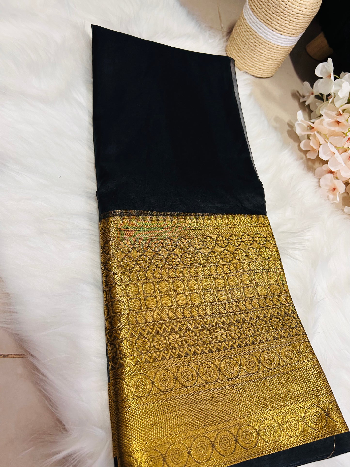 PREMIUM ORGANZA SAREE WITH HEAVY GOLDEN BORDER -BLACK- OB125
