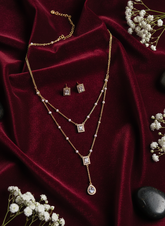 My Twin 2-Layered Diamond Necklace With Earrings