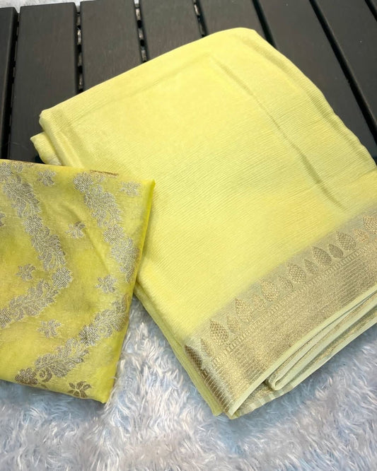 VISCOSE GEORGETTE SAREE WITH RUSSIAN JACQUARD BLOUSE-YELLOW-VGY136