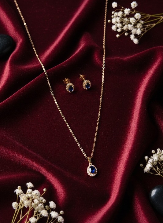 Halo Sapphire Pendant with Earrings