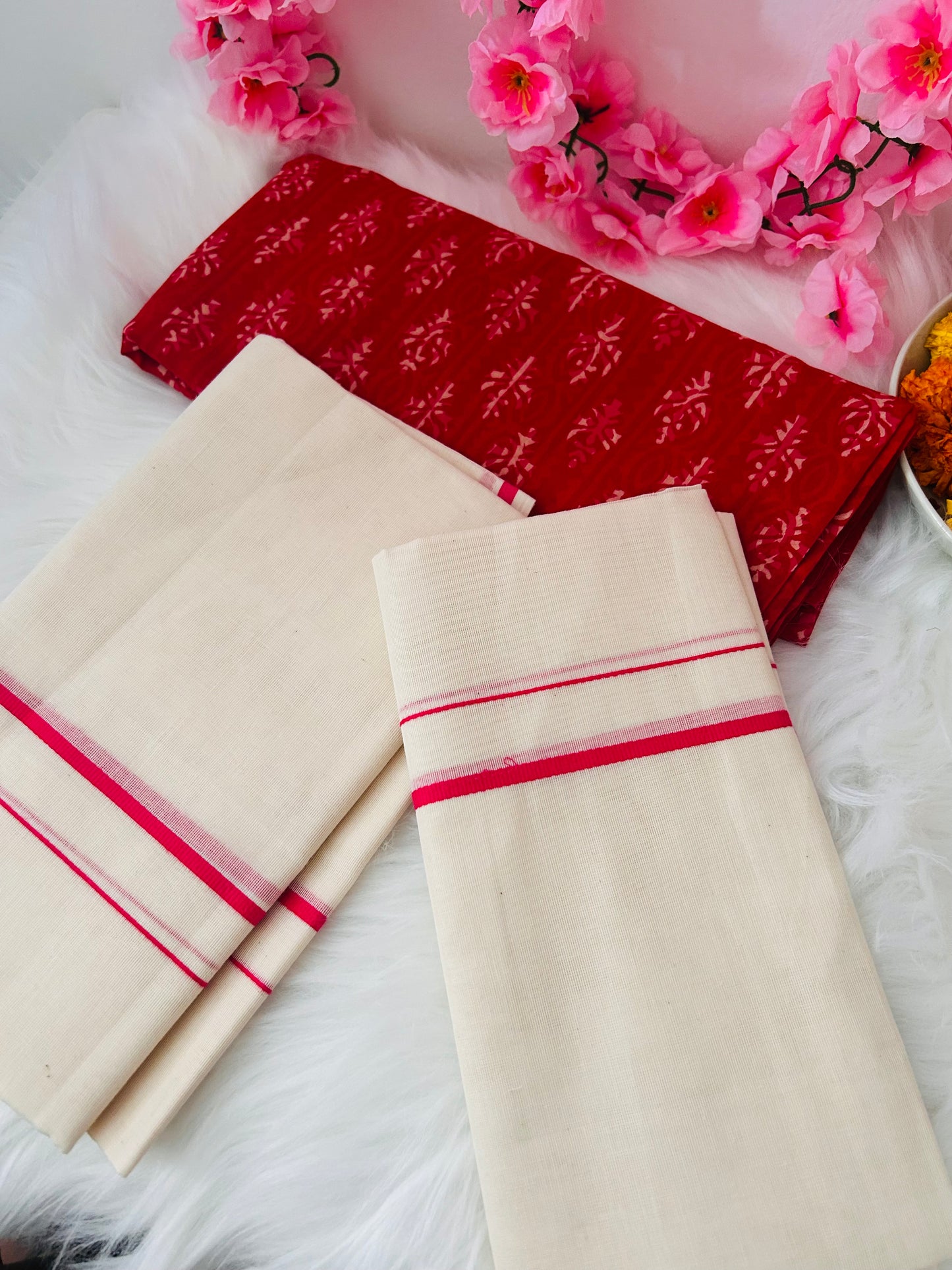 Set Mundu Saree - Rani Pink