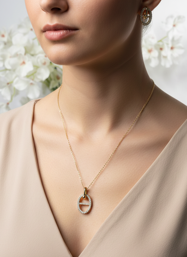 18K Gold Plated Two Tone Pave Line Necklace