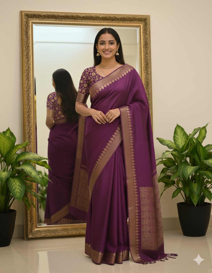 VISCOSE GEORGETTE SAREE WITH RUSSIAN JACQUARD BLOUSE-colors available
