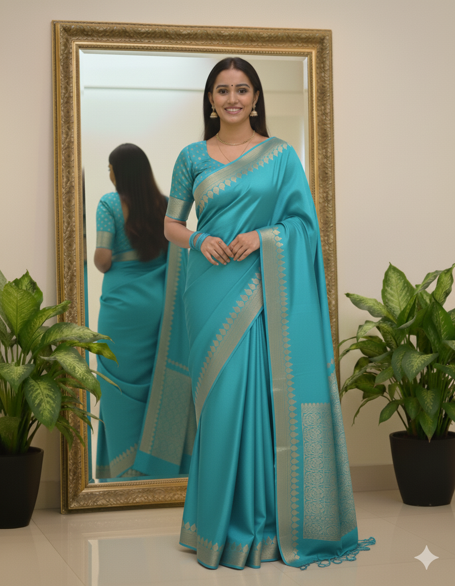 VISCOSE GEORGETTE SAREE WITH RUSSIAN JACQUARD BLOUSE-colors available