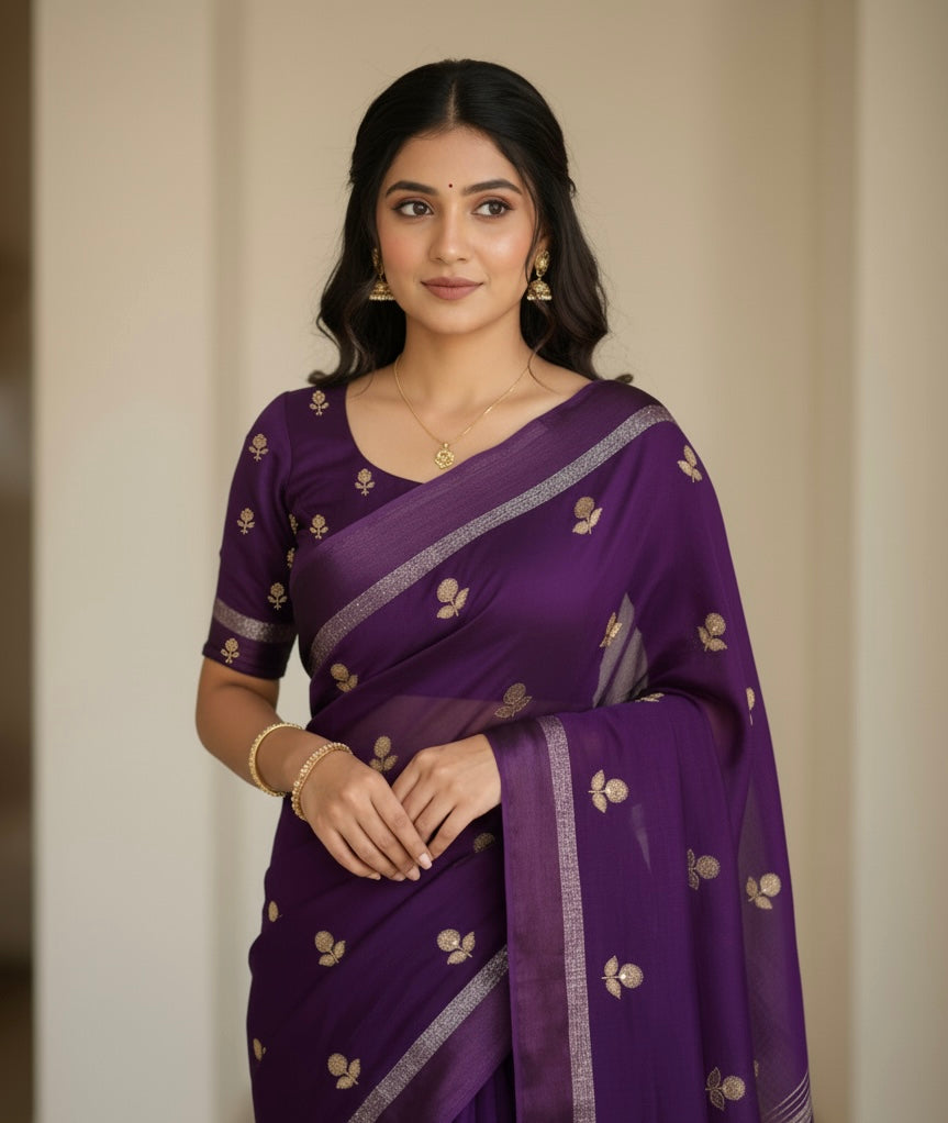 VISCOSE JUTE SAREE WITH SATIN BORDER- DEEP PURPLE- VJV103