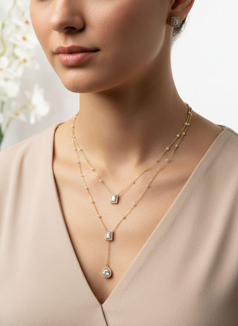 My Twin 2-Layered Diamond Necklace With Earrings