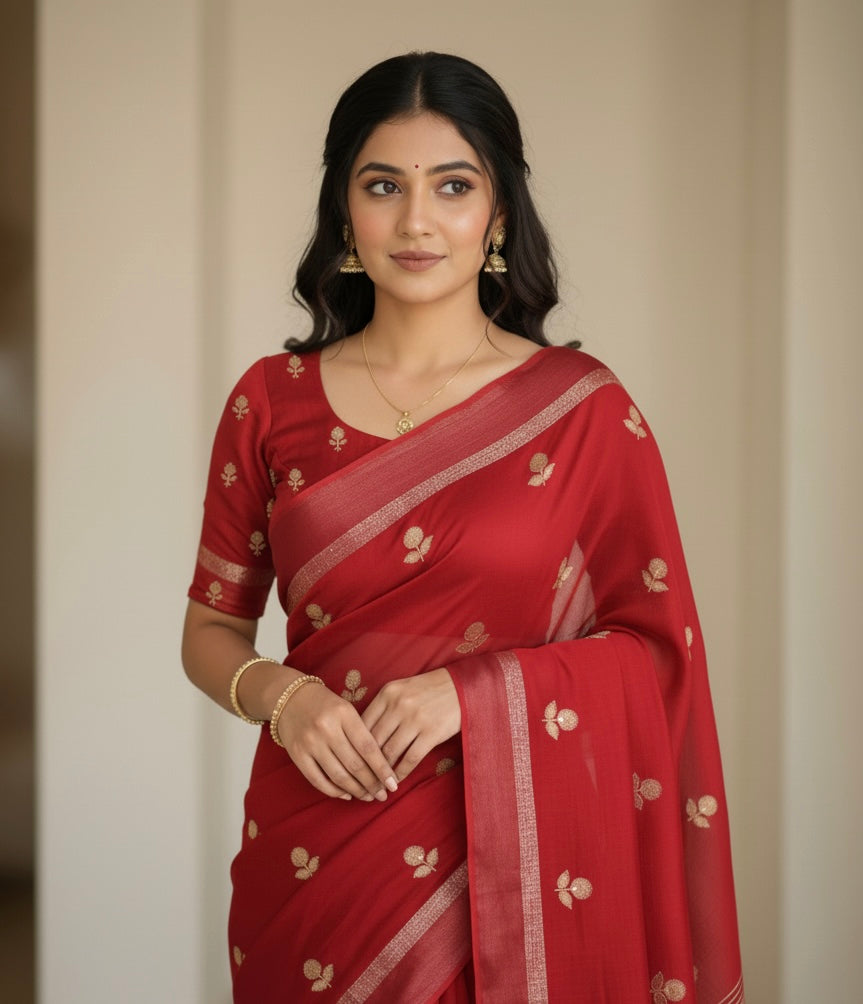 VISCOSE JUTE SAREE WITH SATIN BORDER -RED VJR101
