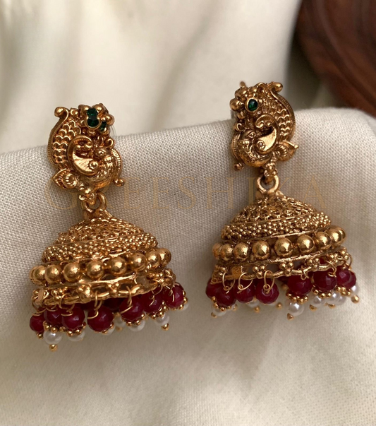 Peacock pearl jhumkas