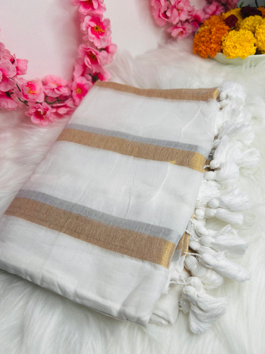 MulCotton Saree- White With Stripes