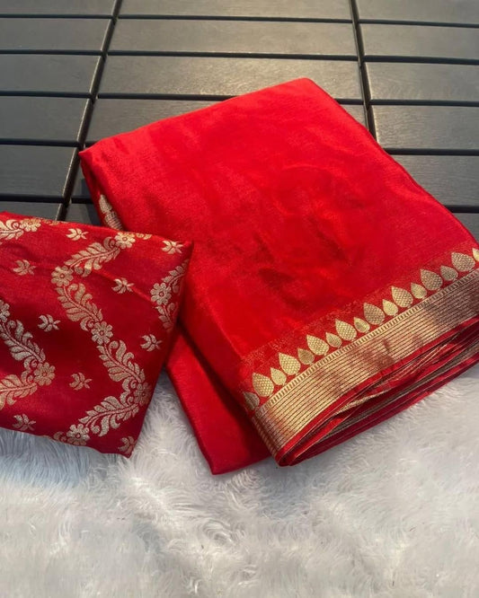 VISCOSE GEORGETTE SAREE WITH RUSSIAN JACQUARD BLOUSE-RED-VGR137