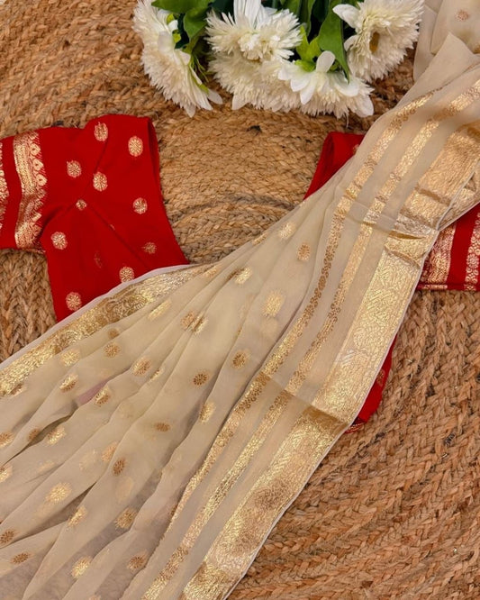VISCOSE GEORGETTE OFF-WHITE SAREE - VG109