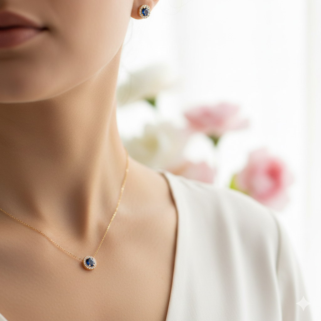 Halo Sapphire Pendant with Earrings