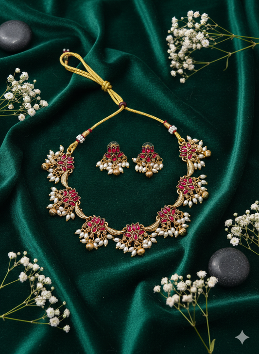 RUBY WHITE STONE PEARL LOTUS NECKLASE