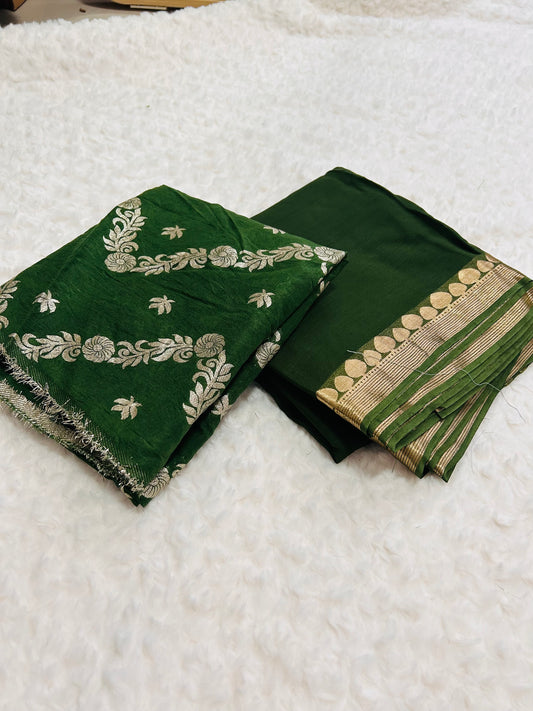 VISCOSE GEORGETTE SAREE WITH RUSSIAN JACQUARD BLOUSE-EMARALD GREEN-VGG135