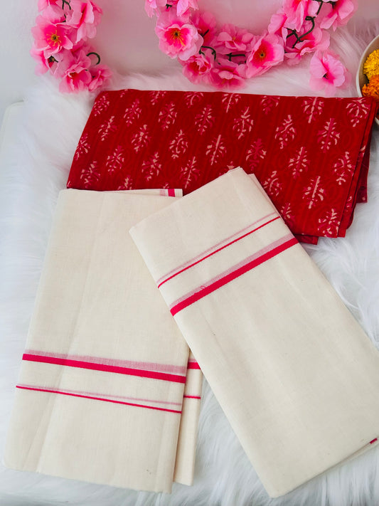 Set Mundu Saree - Rani Pink