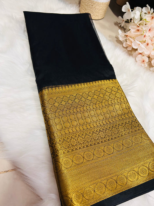 PREMIUM ORGANZA SAREE WITH HEAVY GOLDEN BORDER -BLACK- OB125