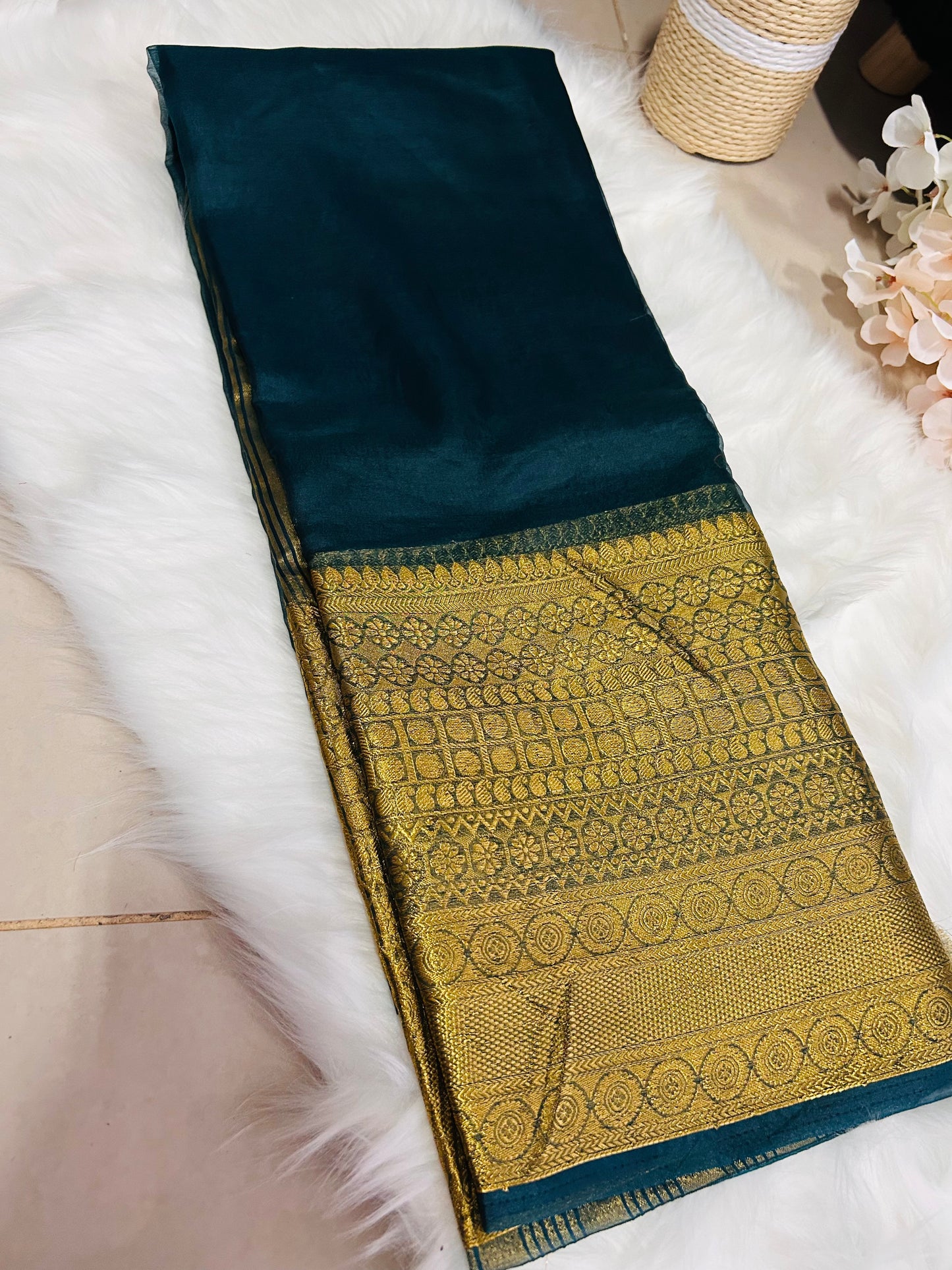 PREMIUM ORGANZA SAREE WITH HEAVY GOLDEN BORDER-PEACOCK BLUE-OB131