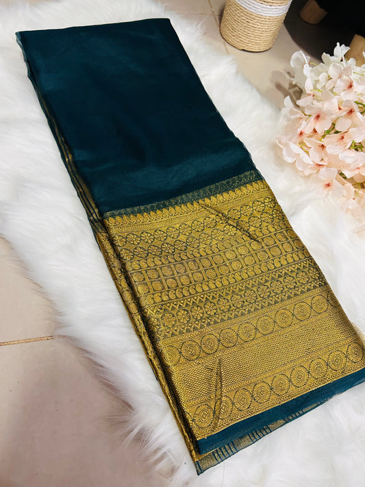 PREMIUM ORGANZA SAREE WITH HEAVY GOLDEN BORDER-PEACOCK BLUE-OB131