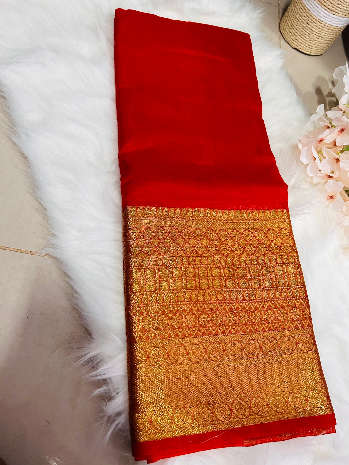 PREMIUM ORGANZA SAREE WITH HEAVY GOLDEN BORDER-RED-OR126