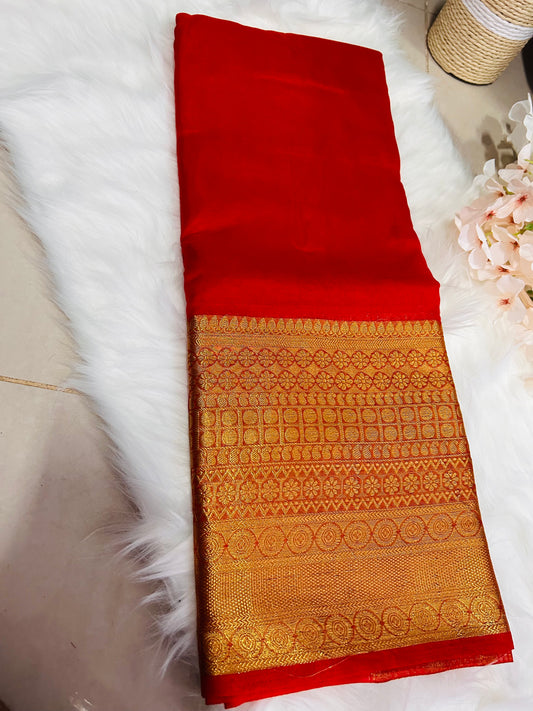 PREMIUM ORGANZA SAREE WITH HEAVY GOLDEN BORDER-RED-OR126