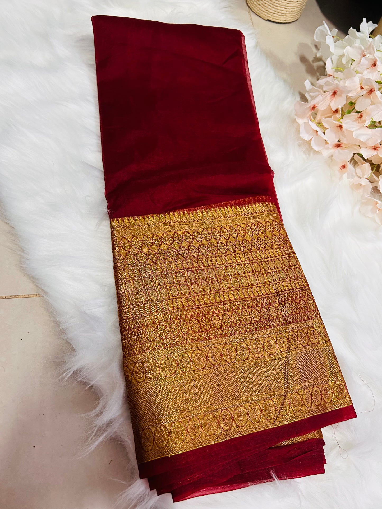 PREMIUM ORGANZA SAREE WITH HEAVY GOLDEN BORDER-RUBY-OR127