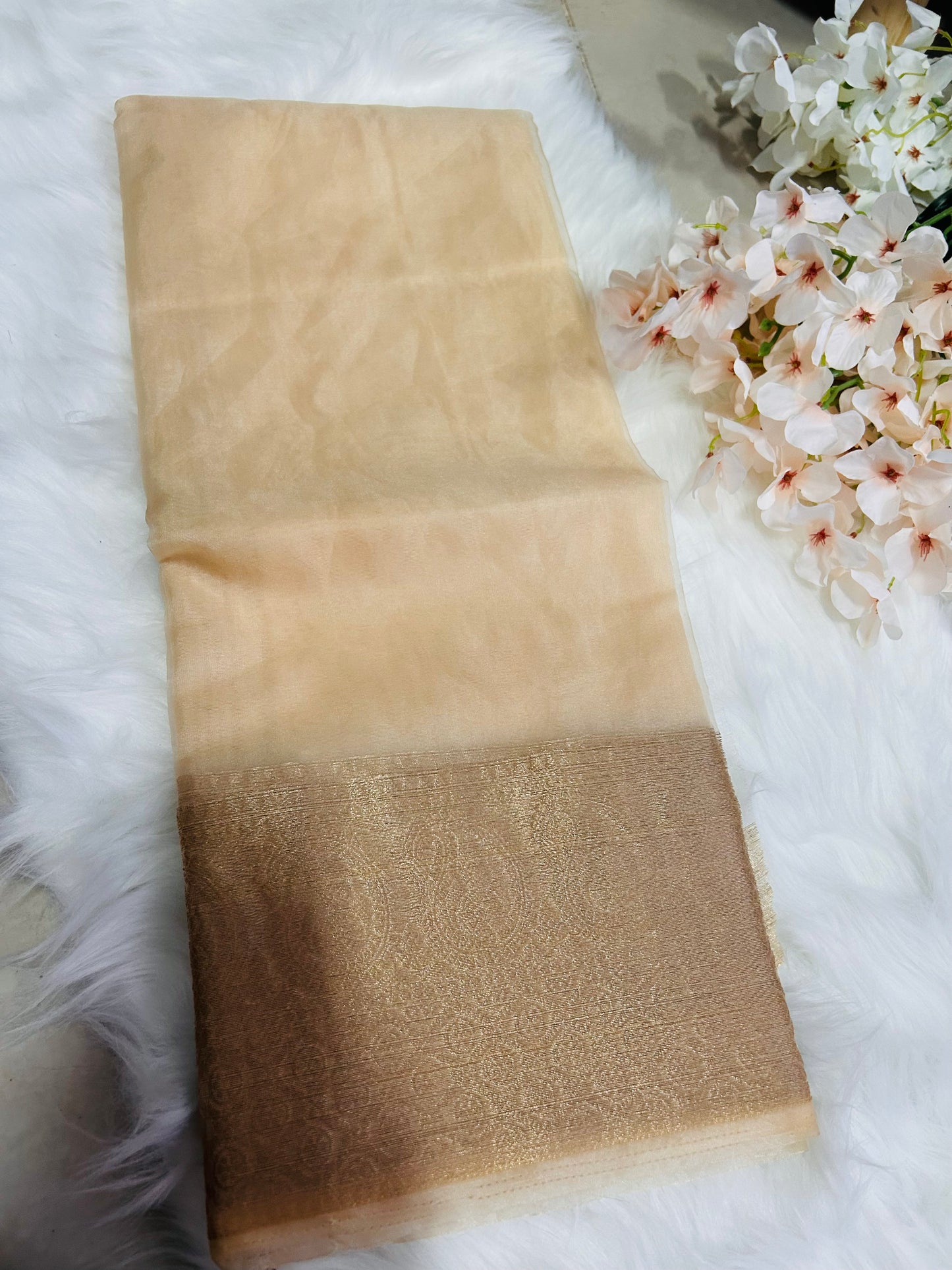 PREMIUM ORGANZA SAREE WITH HEAVY GOLDEN BORDER-BEIGE-OB128