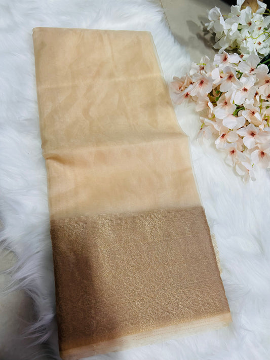 PREMIUM ORGANZA SAREE WITH HEAVY GOLDEN BORDER-BEIGE-OB128