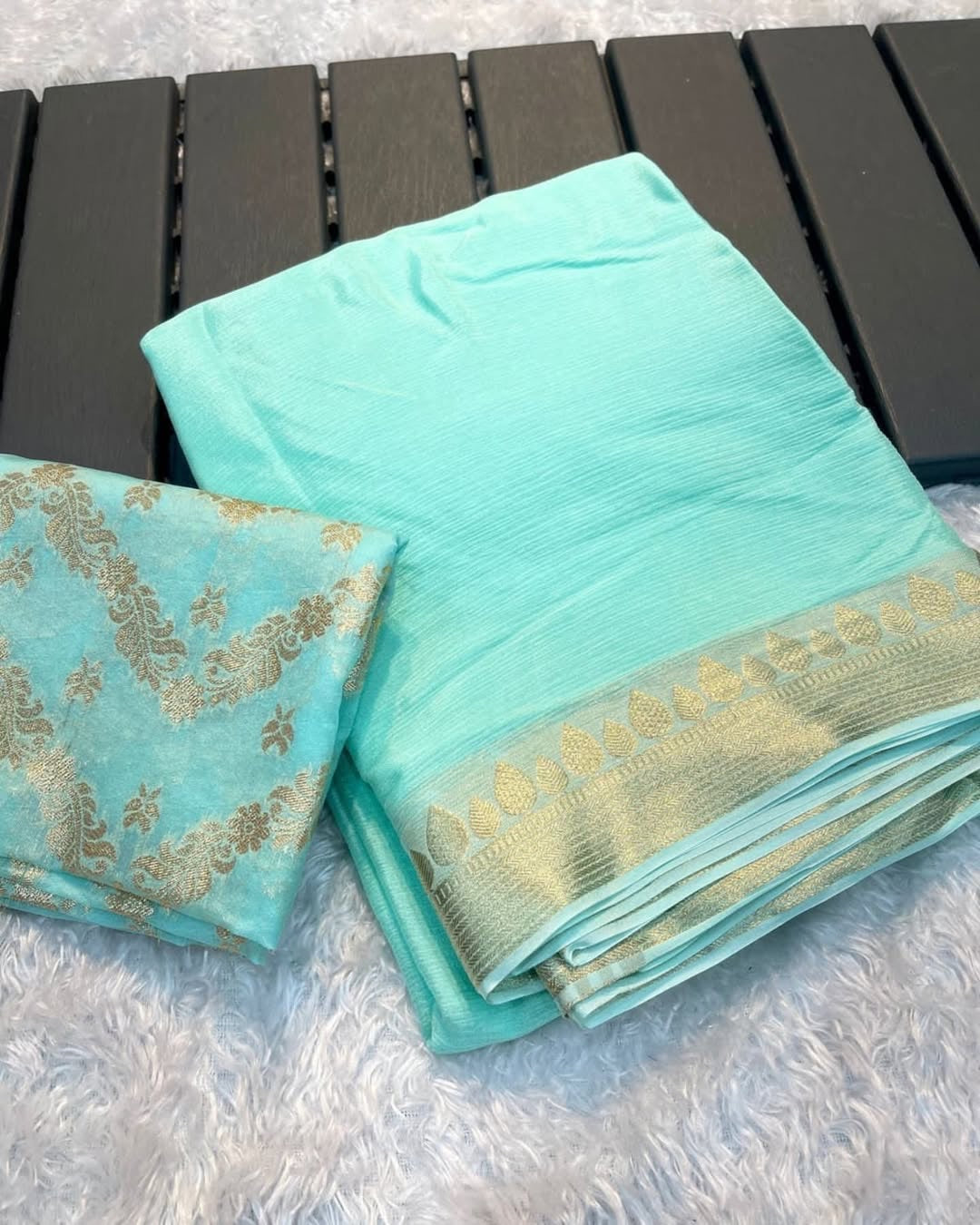 VISCOSE GEORGETTE SAREE WITH RUSSIAN JACQUARD BLOUSE-OCEAN BLUE-VGB138
