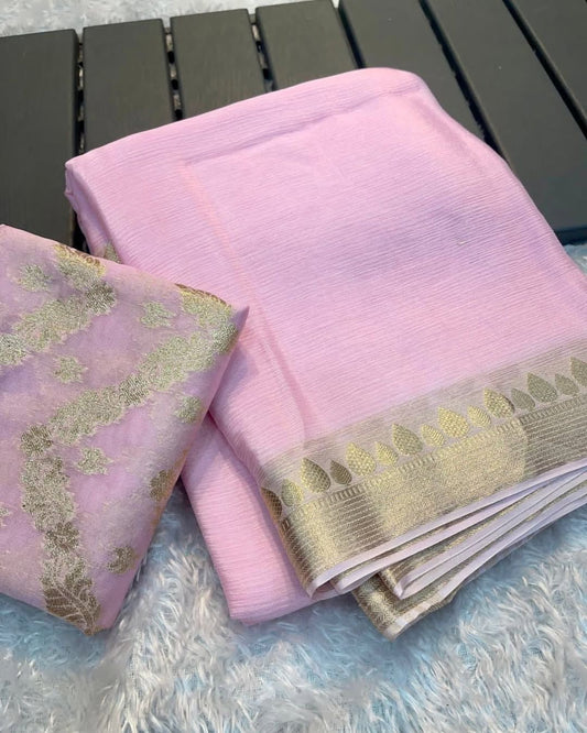 VISCOSE GEORGETTE SAREE WITH RUSSIAN JACQUARD BLOUSE-BABY PINK -VGP134